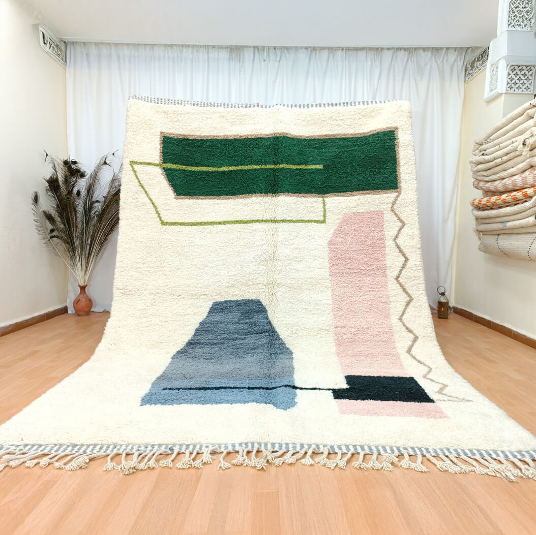 A beautiful, authentic Moroccan Beni Ourain rug made from handmade wool in a traditional geometric pattern.