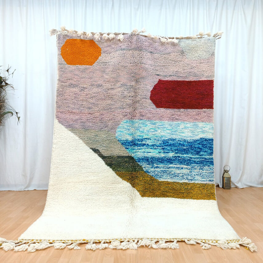 Stunning White Bohemian Wool Rug with Intricate Geometric Patterns