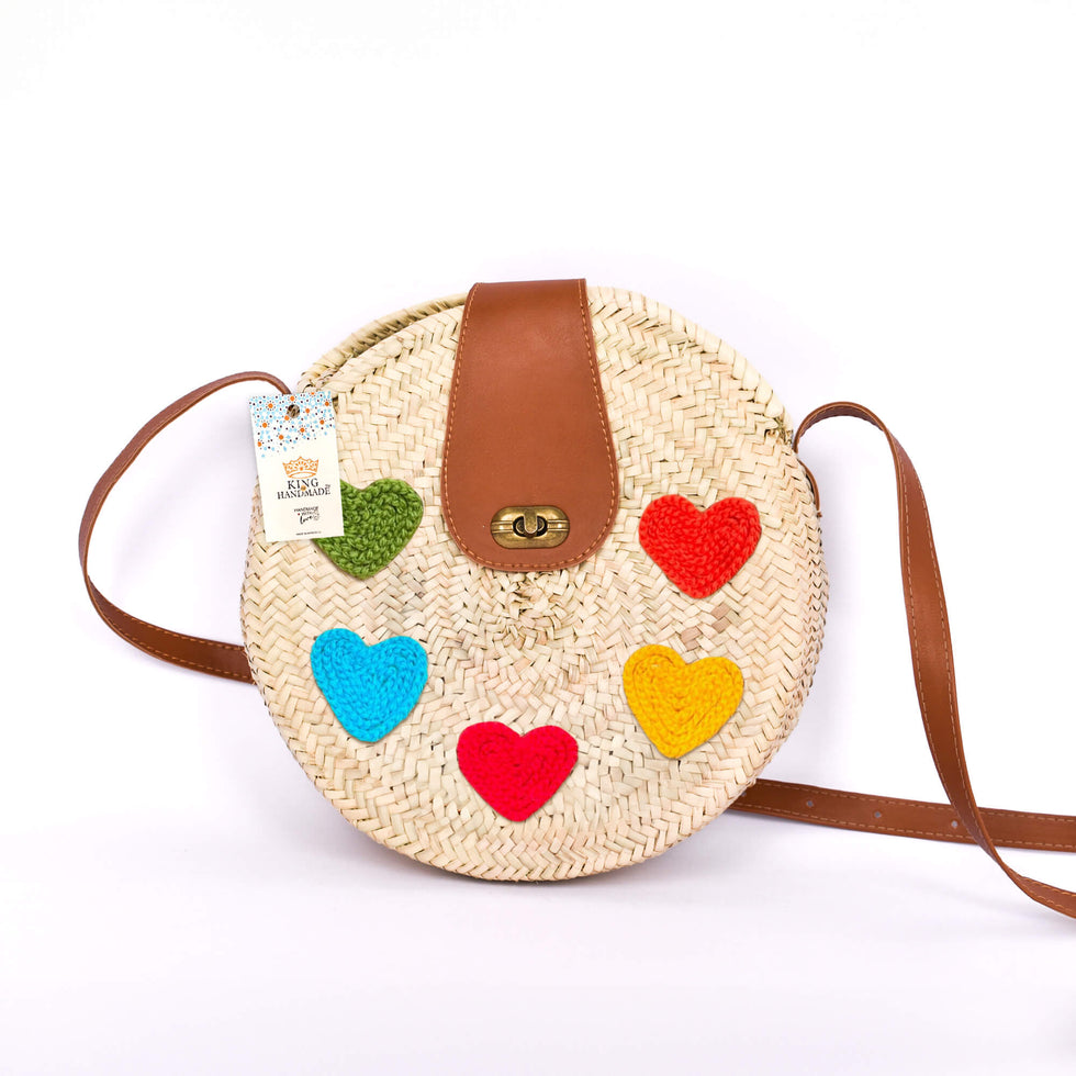 Round Straw Crossbody – Colorful Heart Moroccan Purse