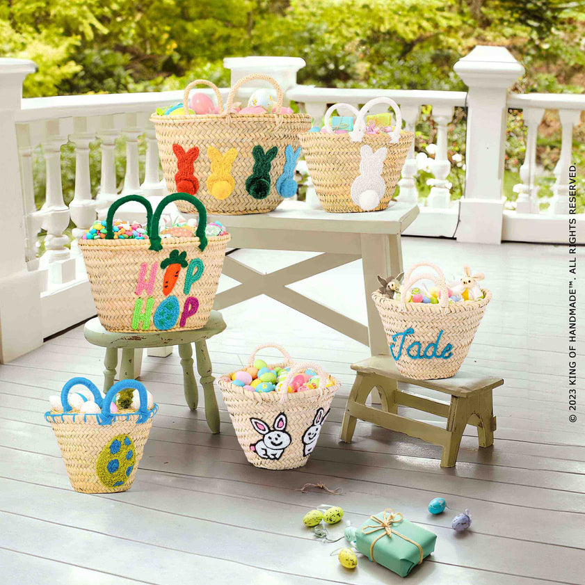 Beautifully crafted and personalized Easter baskets filled with treats and toys, perfect for teenagers