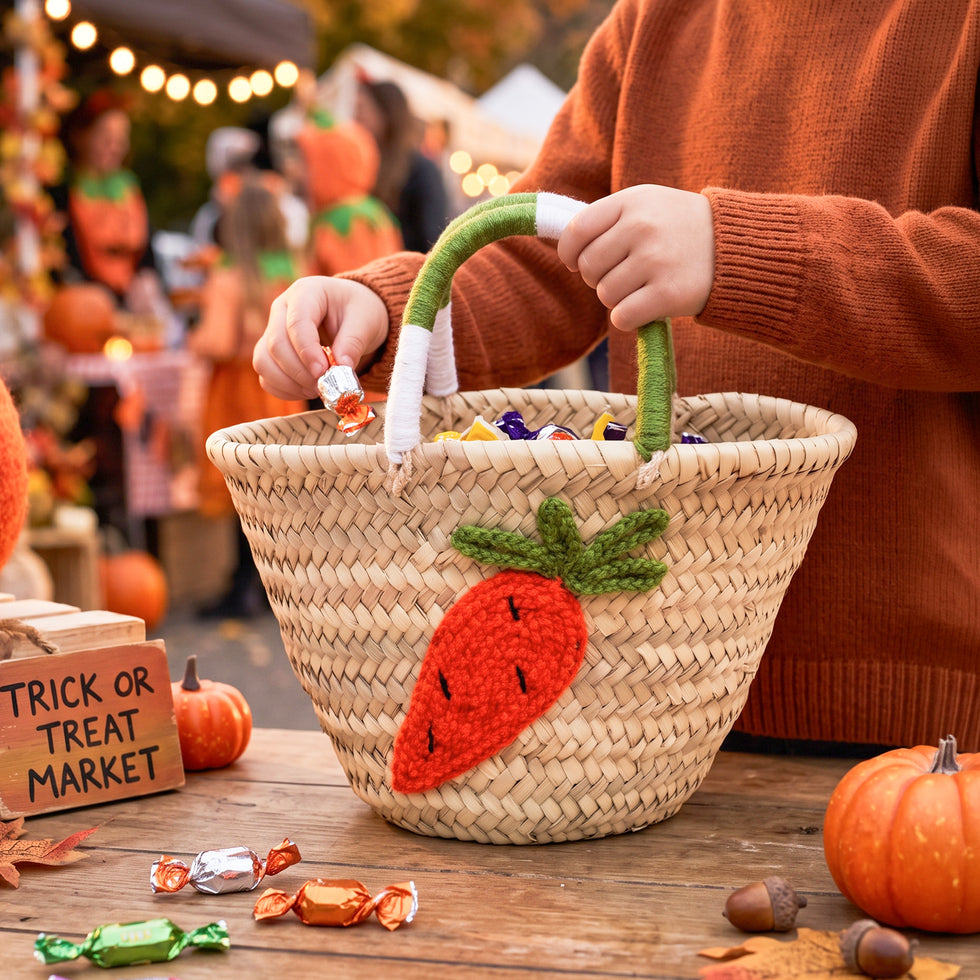 Kids Halloween Straw Basket – Carrot Embroidered Trick-or-Treat Tote