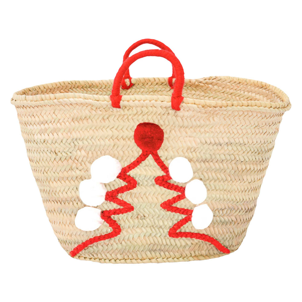 Christmas Tree Pom-Pom Straw Basket – Large