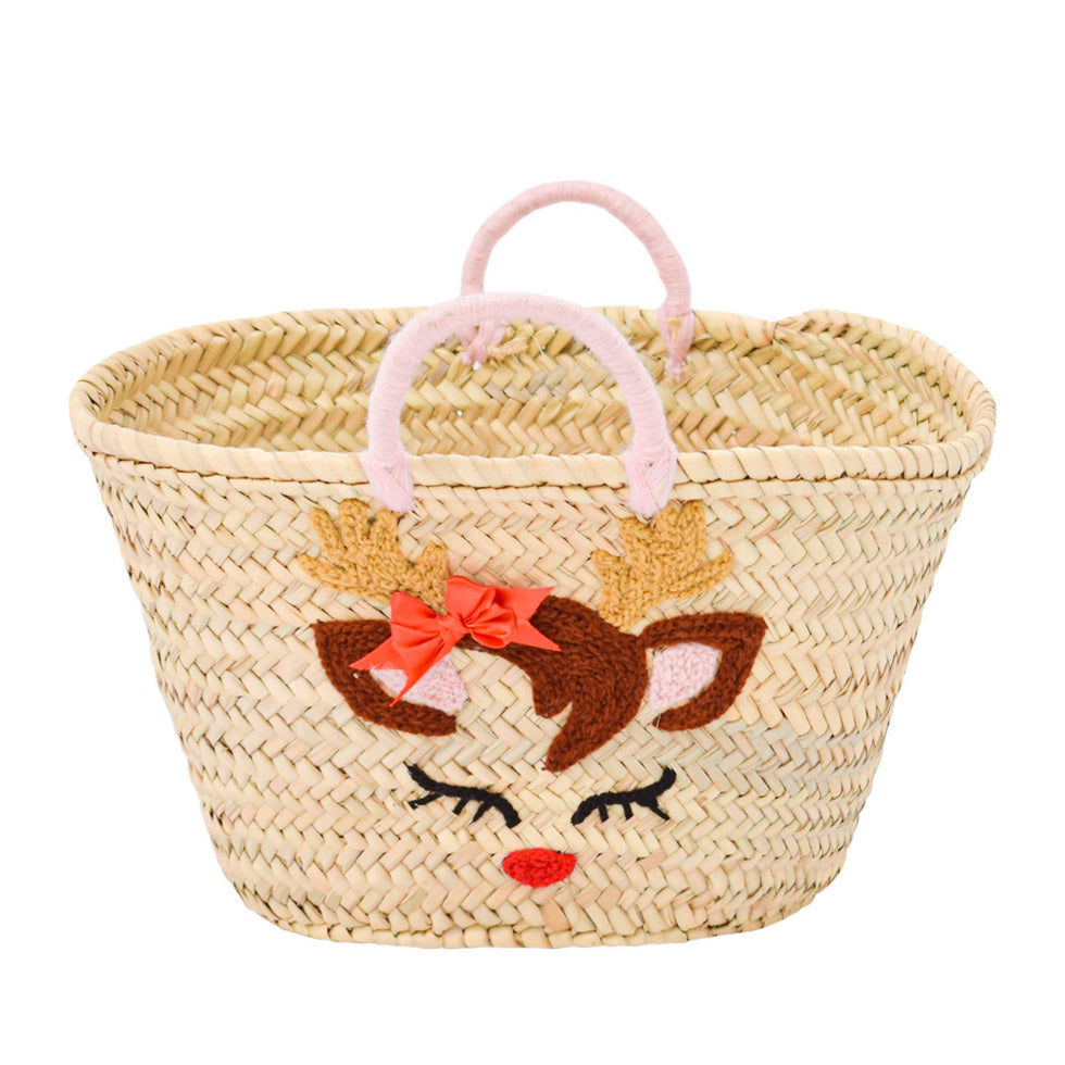 Personalized Reindeer Face Straw Bag – Medium