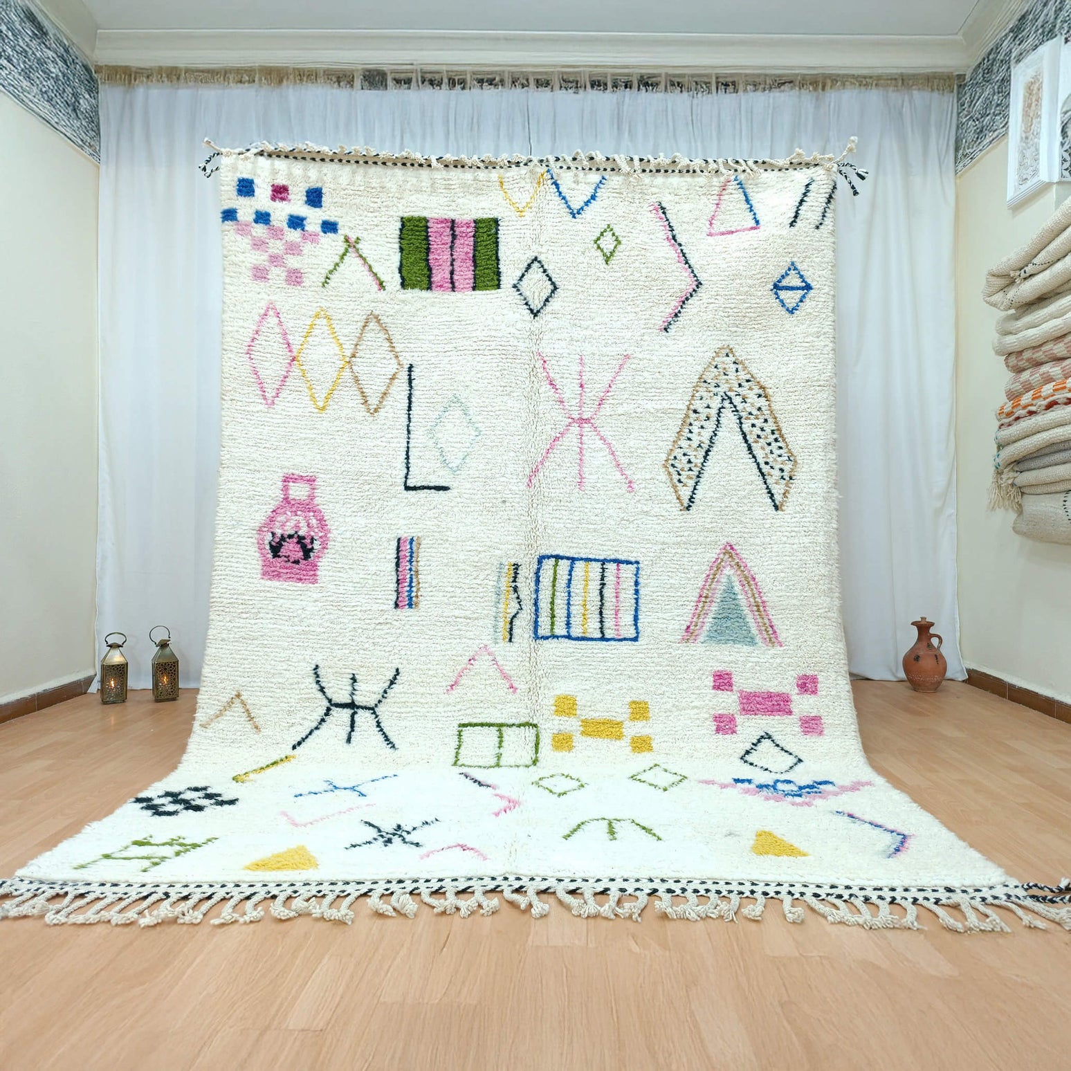Colorful Moroccan Berber Rug Layering Demonstration