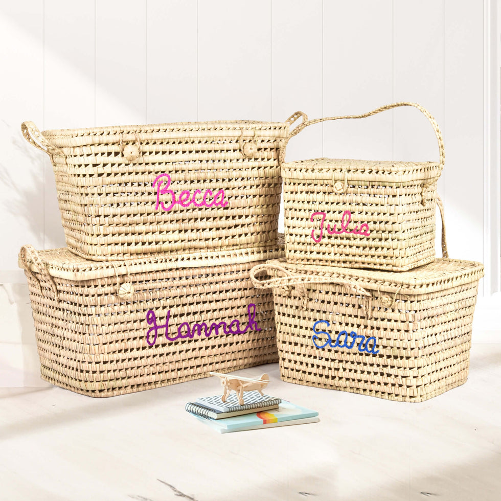 Personalized Lidded Straw Storage Basket Set