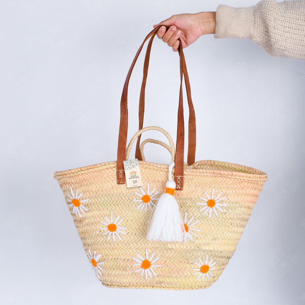 Straw Beach Bag – Daisy Embroidered Moroccan Tote, Leather