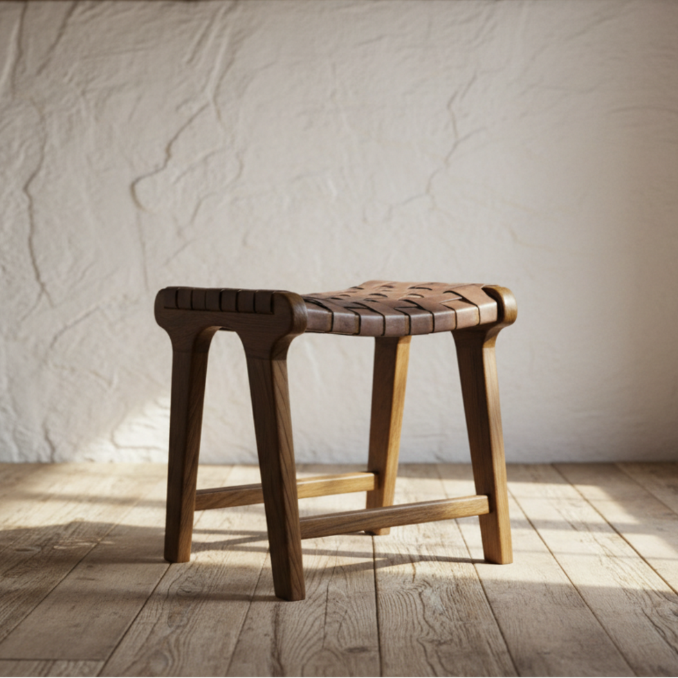 Moroccan Stool – Brown Handwoven Leather Seat