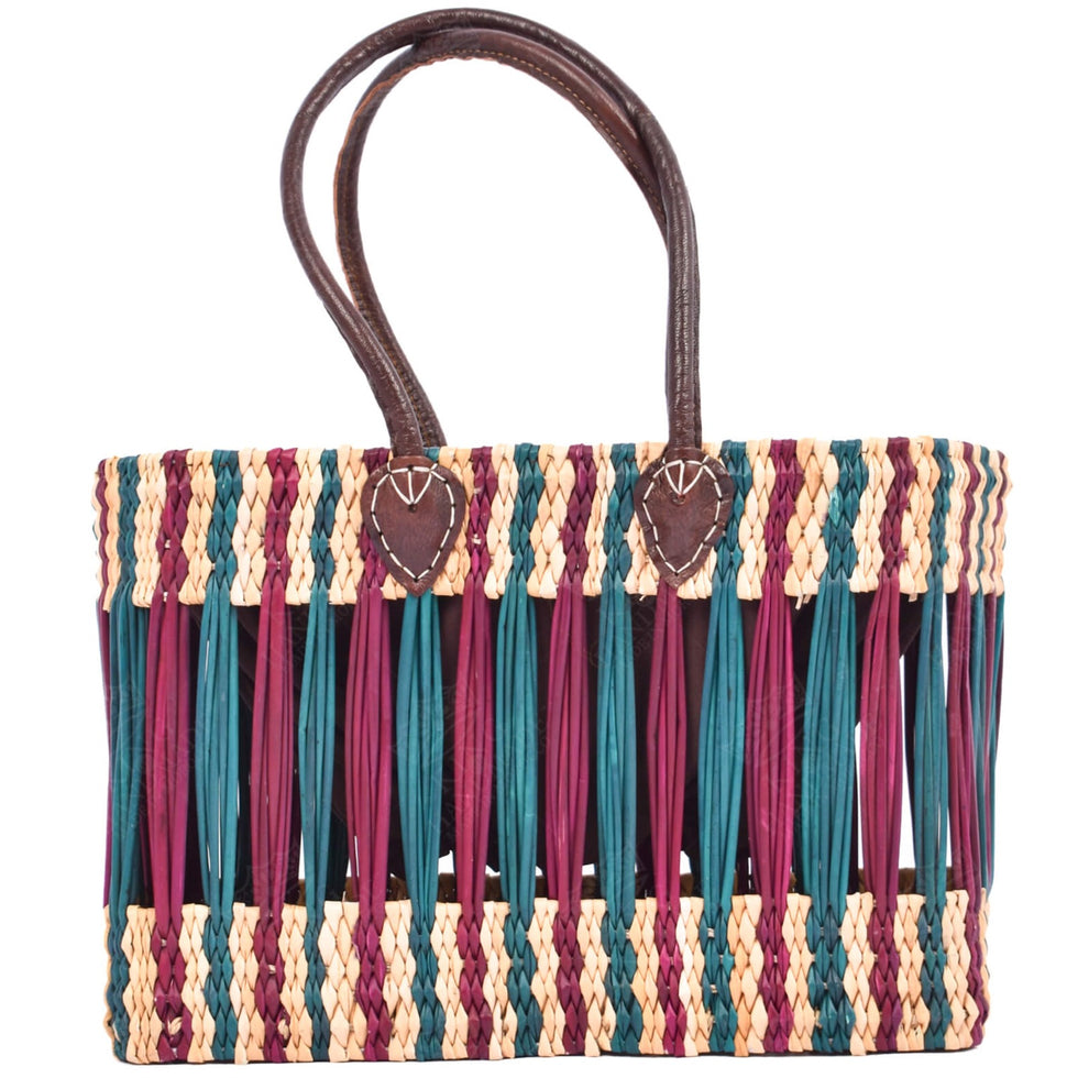 Striped Reed Basket Bag – Teal & Purple Moroccan Tote
