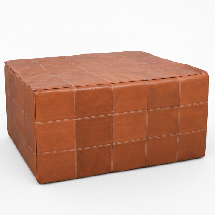 Brown Moroccan Leather Pouf – Square Ottoman Footstool
