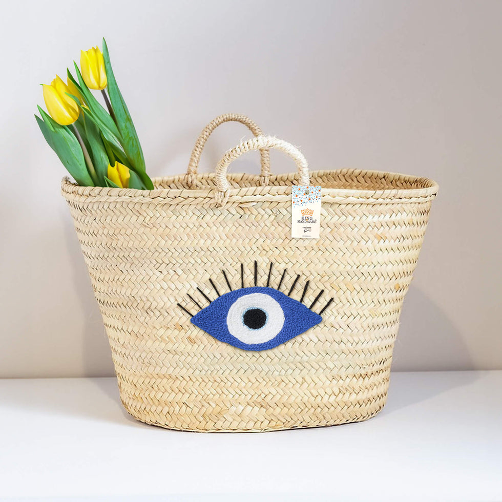 Straw Beach Basket – Blue Evil Eye Moroccan Tote