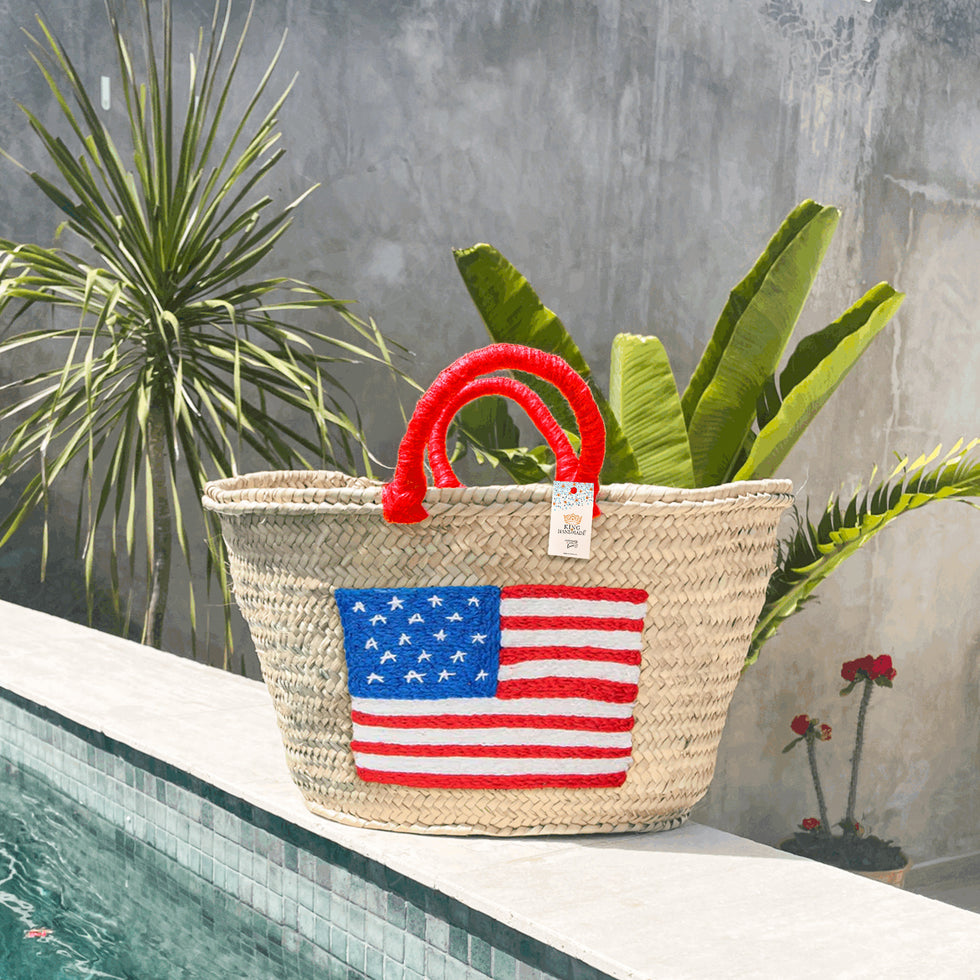 USA Flag Straw Beach Bag with Red Handle