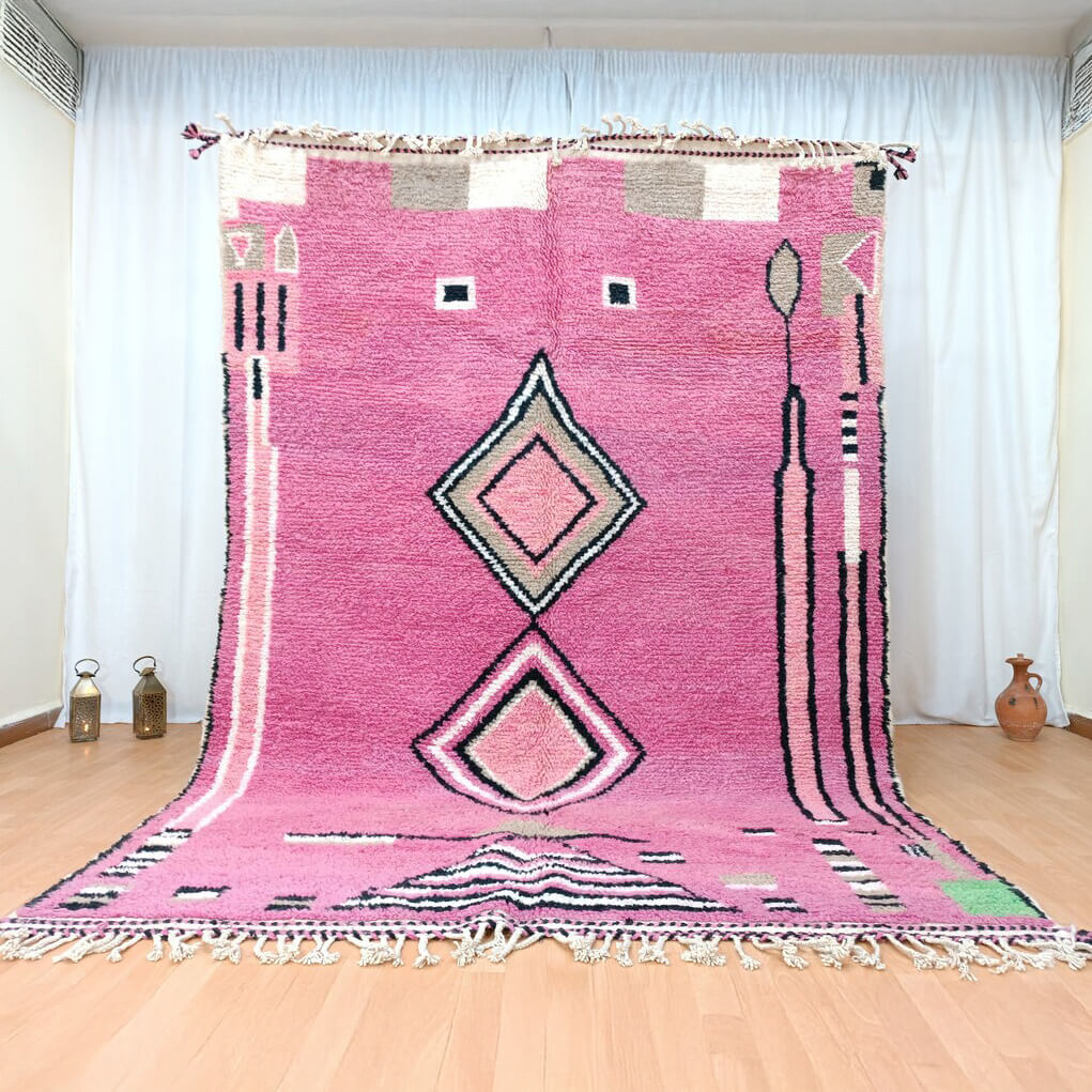 Handmade moroccan pink rug, berber wool carpet with geometric patterns