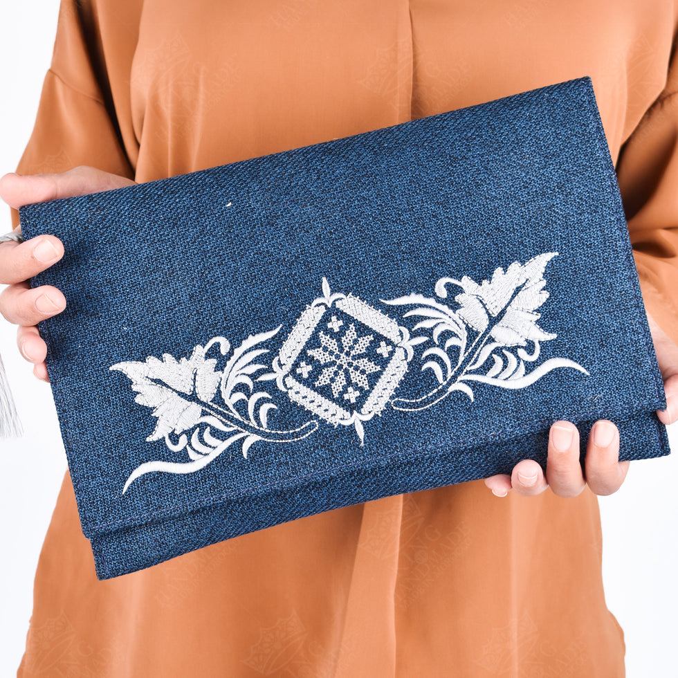 Navy Moroccan Linen Clutch – Embroidered Evening Bag