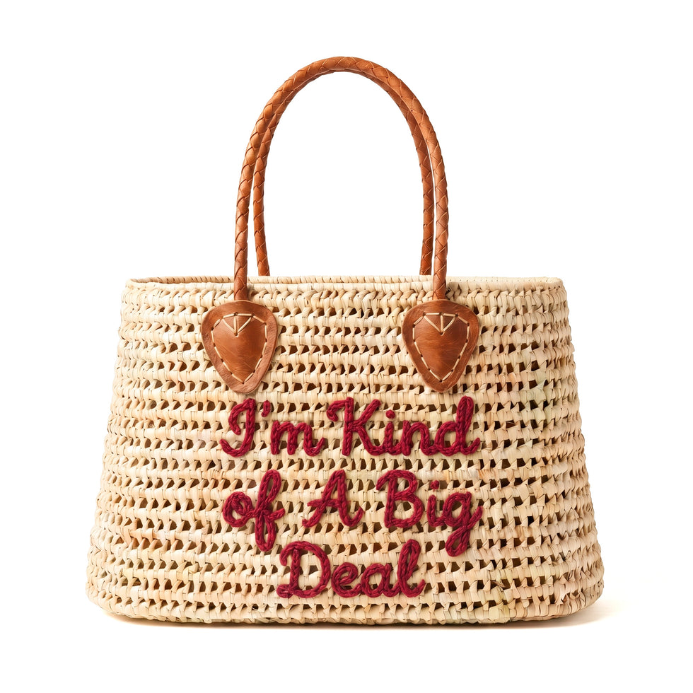 Moroccan wicker handbag with I’m Kind of A Big Deal embroidery in bordeaux 1