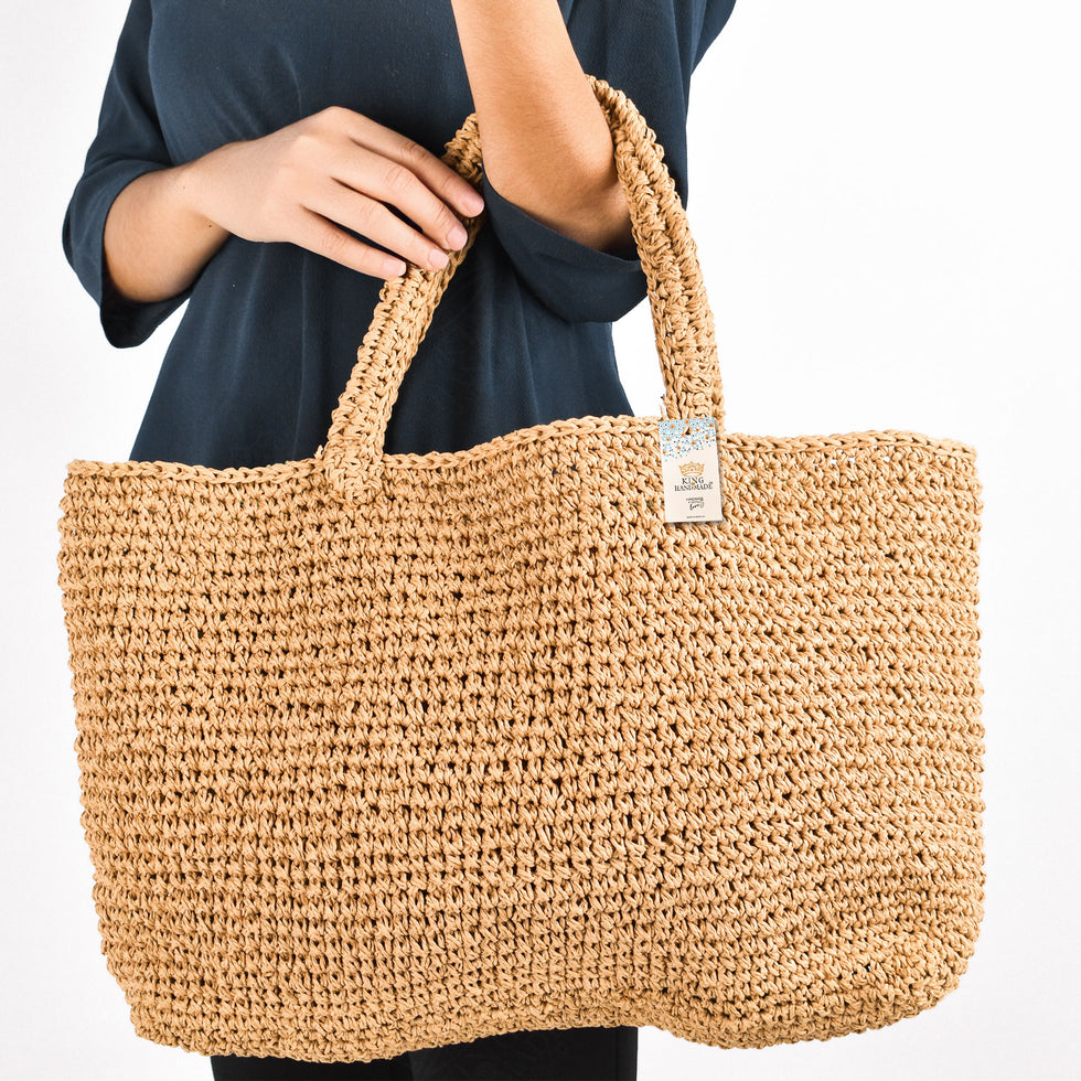 Crochet Raffia Tote – Khaki Moroccan Woven Beach Bag
