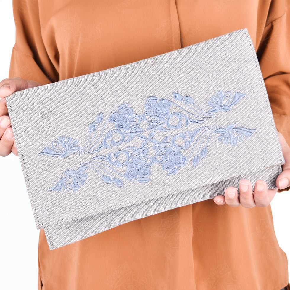 Gray Linen Clutch – Blue Floral Embroidered Wedding Bag