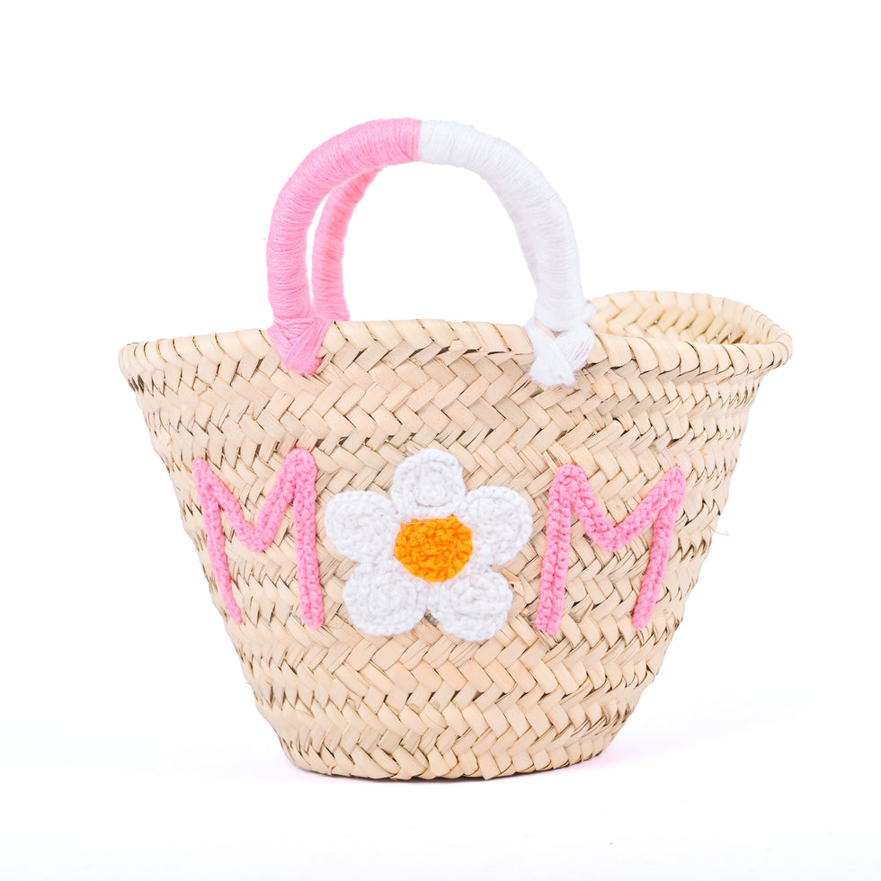 Straw Beach Bag – 'MOM' Daisy Embroidered Moroccan Tote