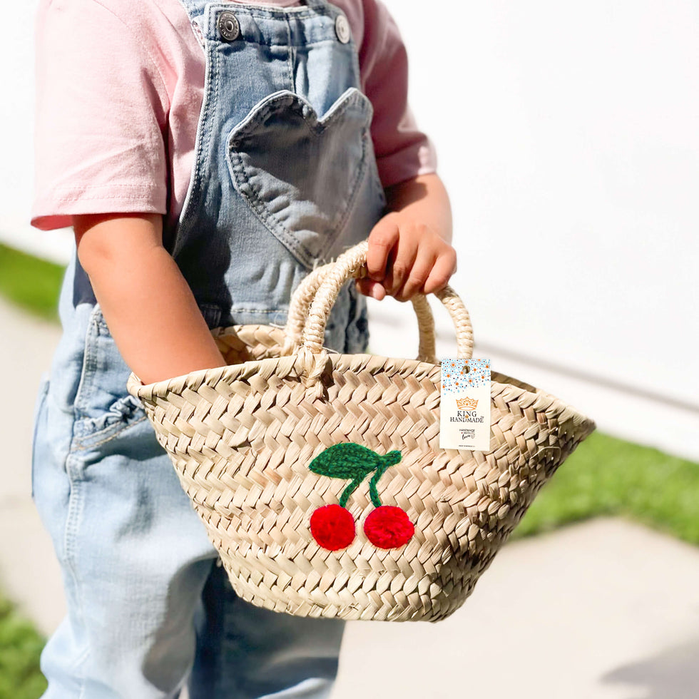 Straw Mini Tote – Cherry Embroidered Moroccan Basket