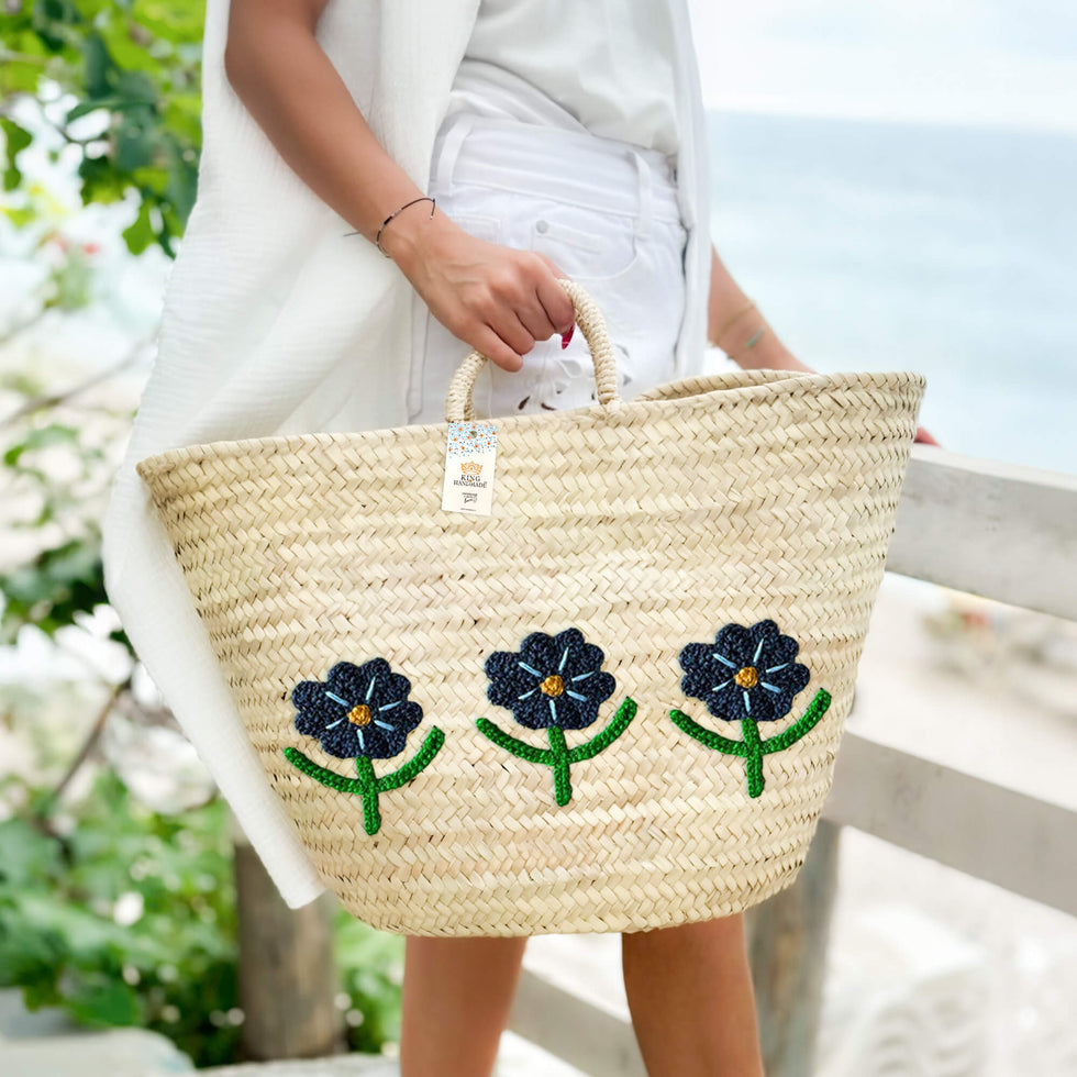 Straw Beach Bag – Navy Flower Embroidered Moroccan Tote