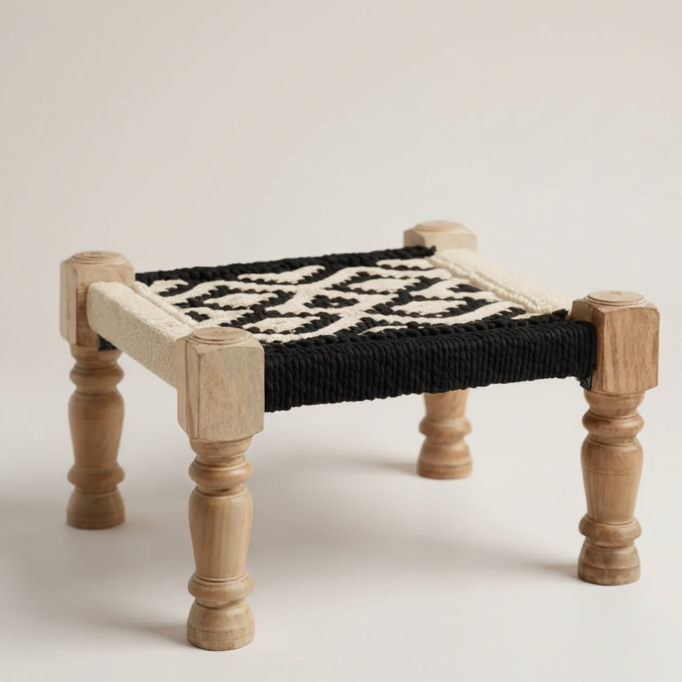 Moroccan Folding Stool – Handwoven Black & White Rope Wood Seat