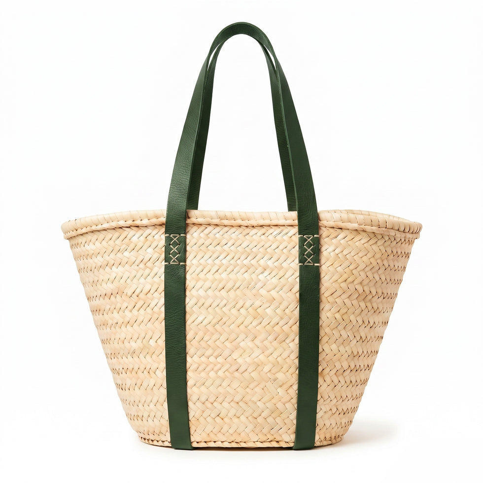 Straw Beach Basket – Green Leather Strap Moroccan Tote