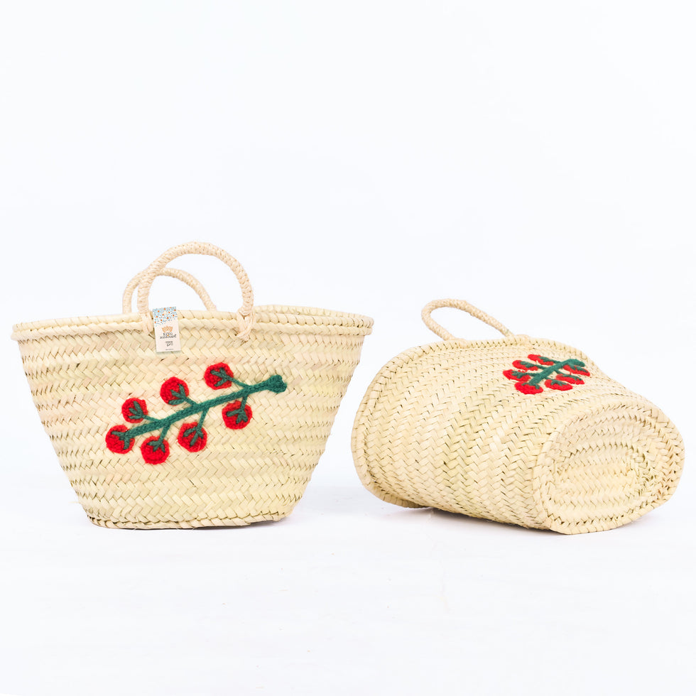 Tomato Vine Embroidered Straw Basket Bag