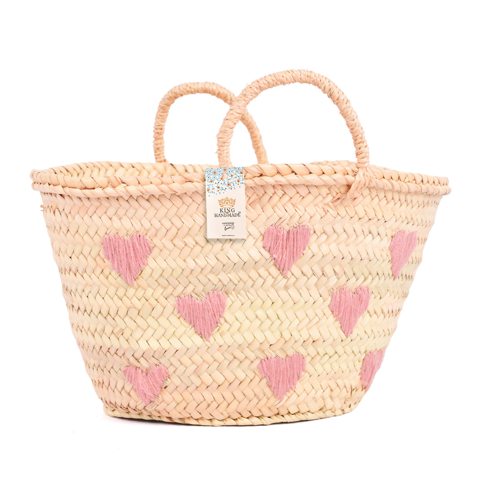 Pink Hearts Embroidered Straw Basket Bag