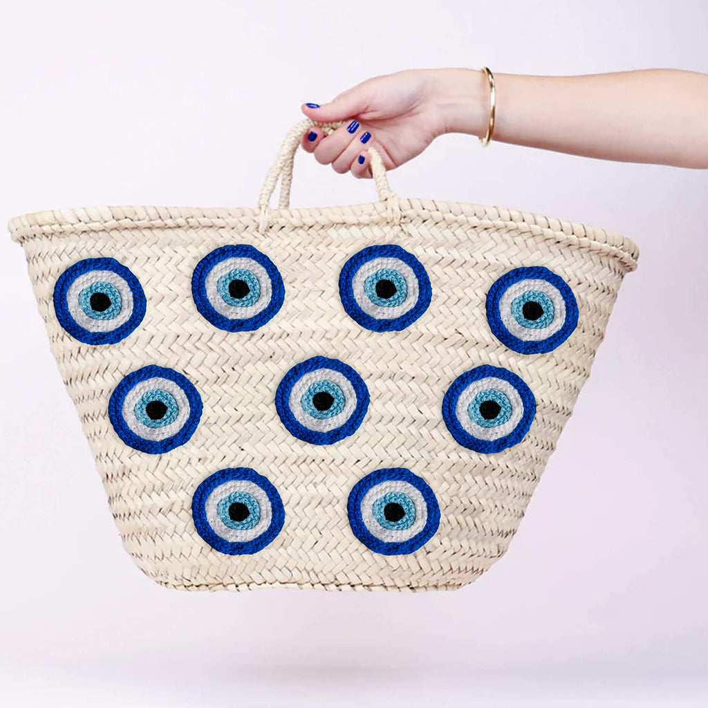 Large Moroccan straw beach bag with evil eye design