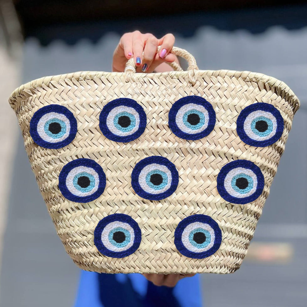 Straw Beach Bag – Multi Evil Eye Crochet Moroccan Tote