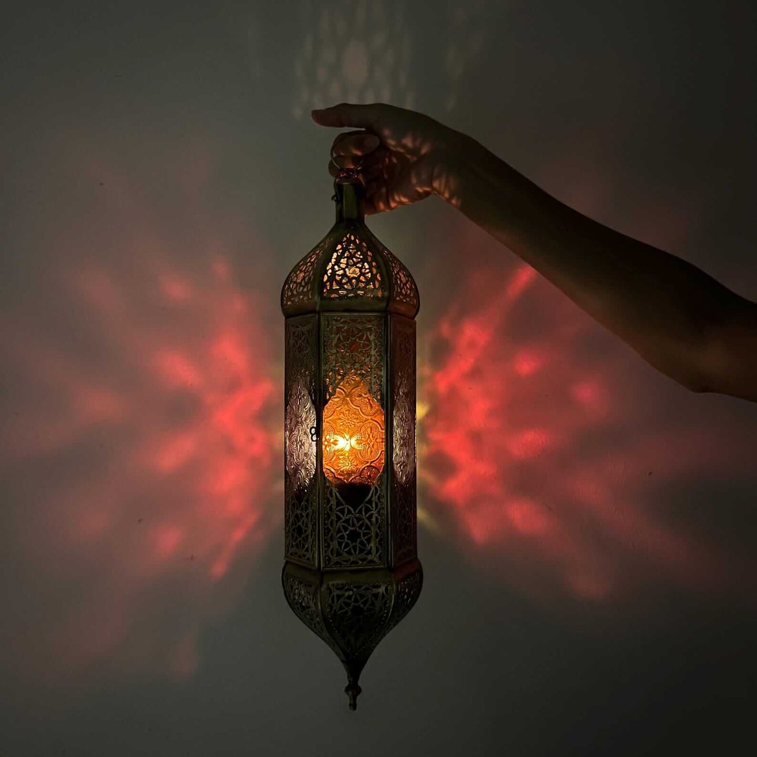 Large Moroccan Hanging Lantern with Brass and Colorful Glass perfect for outdoor settings