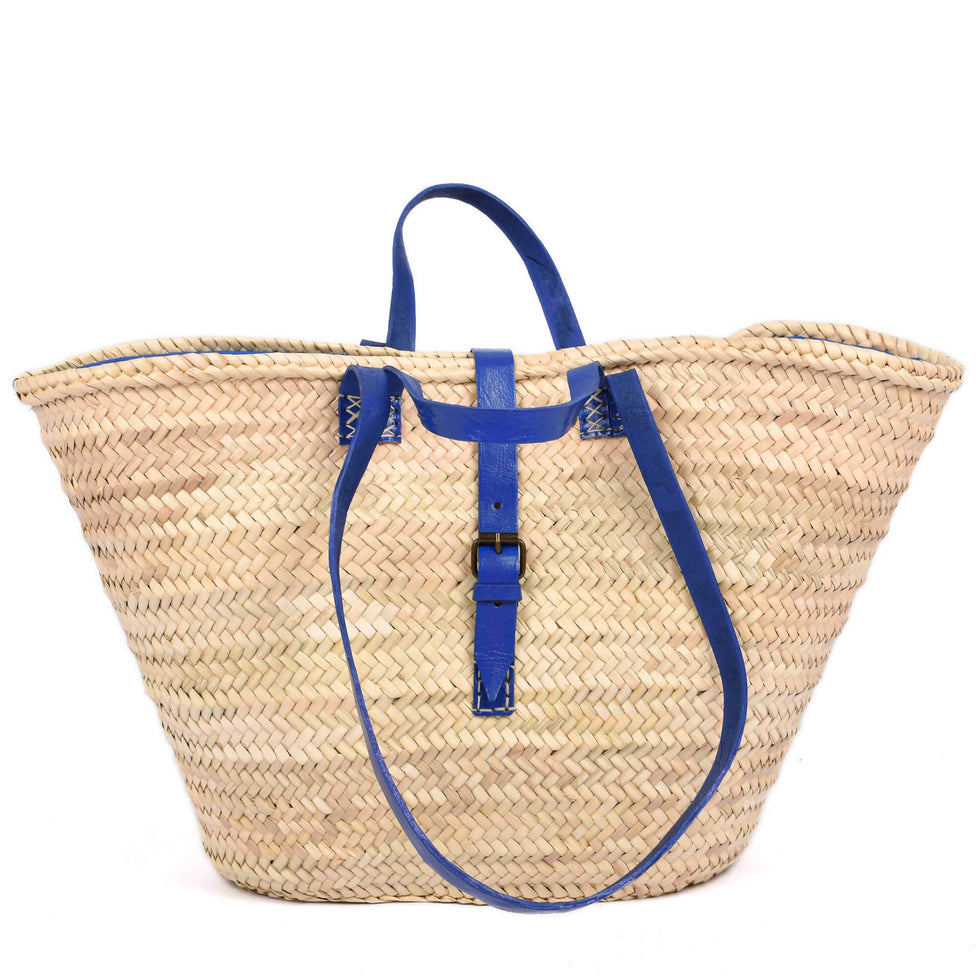 Straw Beach Basket – Moroccan Bag, Blue Leather Straps