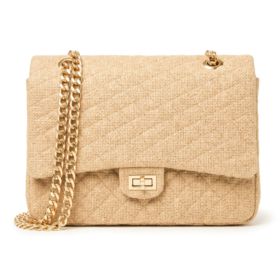 Large Quilted Jute Bag – Moroccan Chain Flap Handbag
