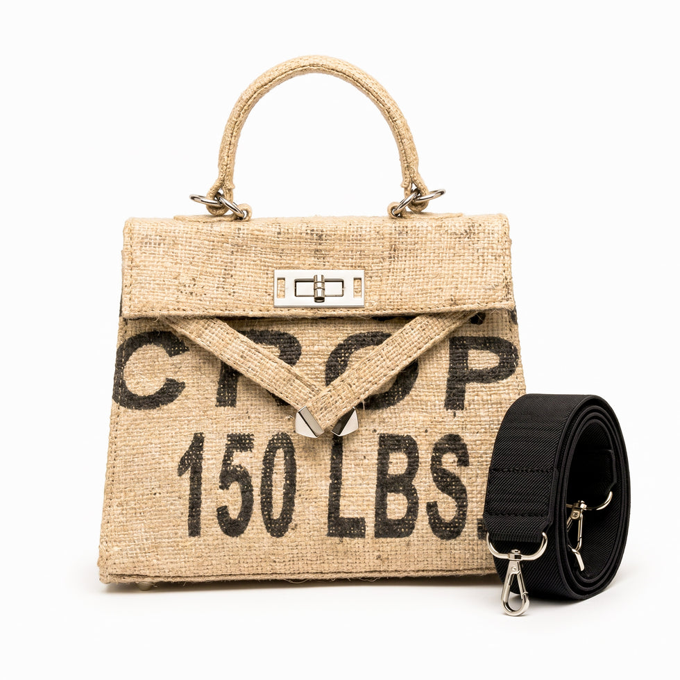 handmade natural jute tote bag with printed typography