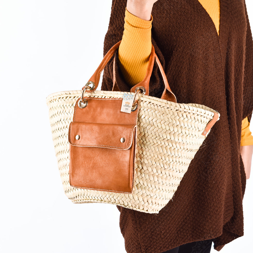 Moroccan Straw Basket Bag with Leather Pocket