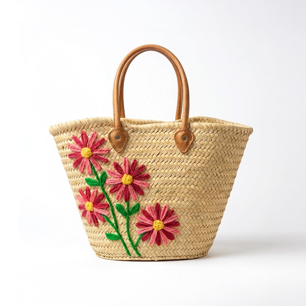 Personalized Pink Daisy Straw Tote Bag