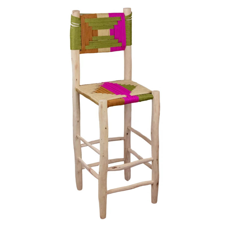 Handmade Multicolor Moroccan Bar Stool – Woven Rope Wood