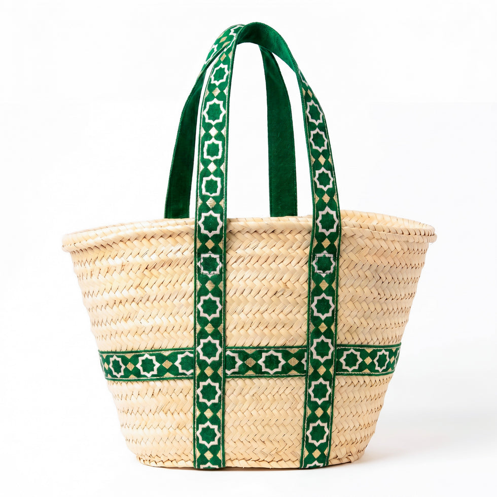 Straw Tote Bag – Green Brocade Strap Moroccan Basket