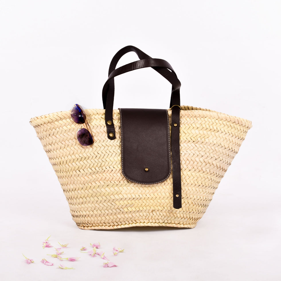 Straw Beach Bag – Black Leather Flap Moroccan Tote