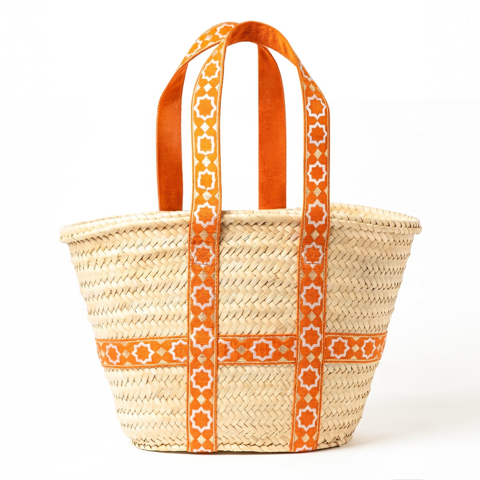 Straw Tote Bag – Orange Brocade Strap Moroccan Basket