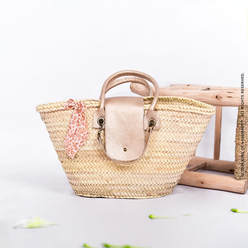 French Straw Tote Bag with Leather Flap