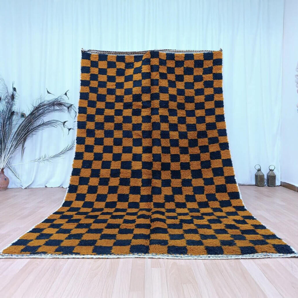 Beni Ourain Rug – Brown & Navy Plush Checkered Wool Area Rug
