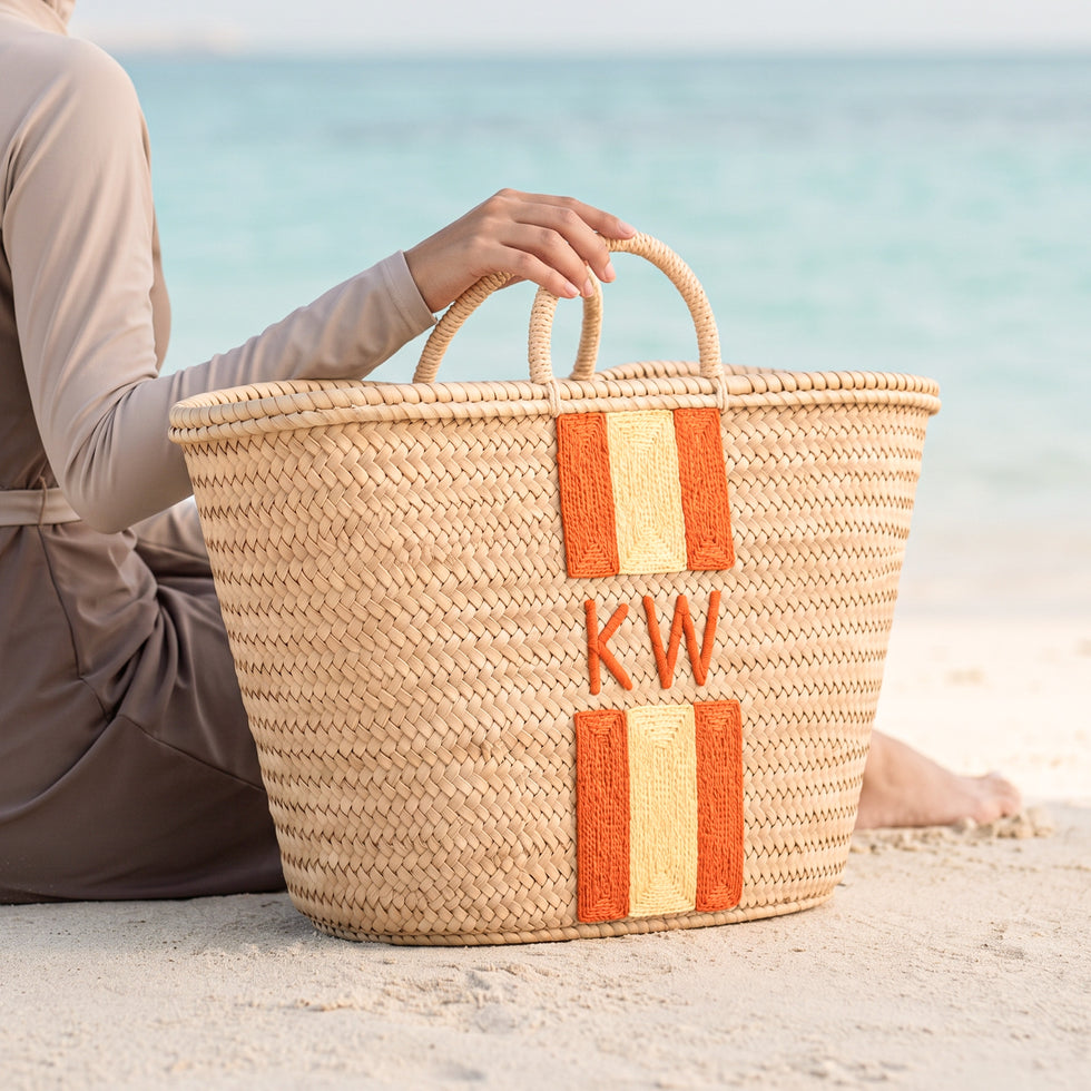 Personalized Orange Stripe Straw Beach Bag