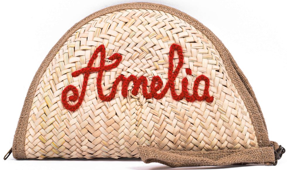 Personalized Half-Moon Straw Clutch – Embroidered Purse