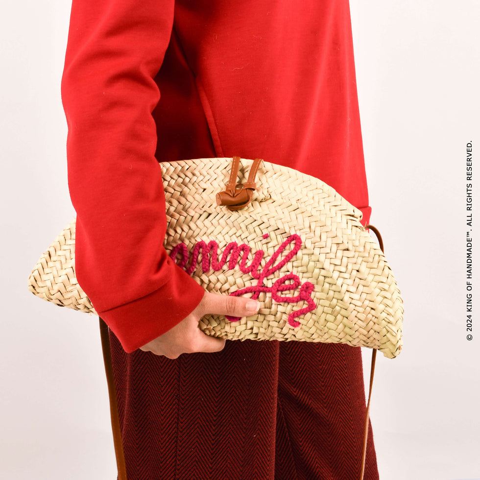 Personalized Half-Moon Straw Clutch – Embroidered Bag