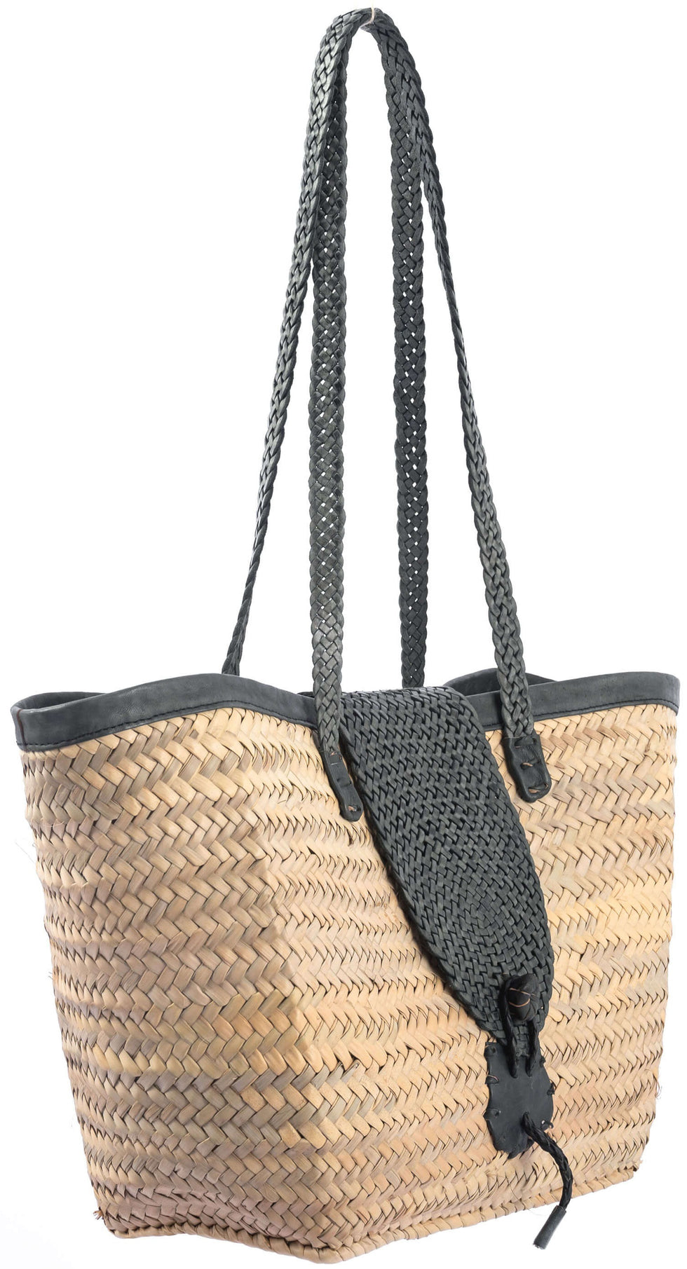 Straw Bucket Bag – Moroccan Tote with Grey Braided Straps