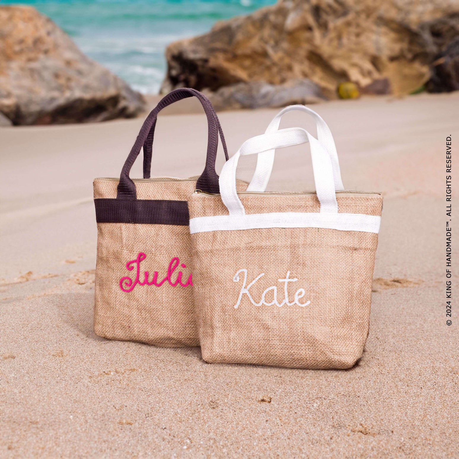 Customized jute tote bags with various designs, ideal for bridesmaid gifts