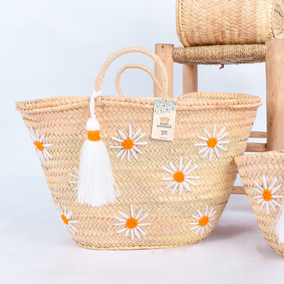 Straw Beach Bag – White Daisy & Tassel Moroccan Tote