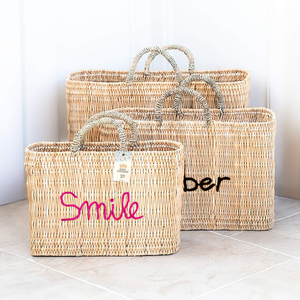 Personalized Straw Basket – Embroidered Word Moroccan Tote