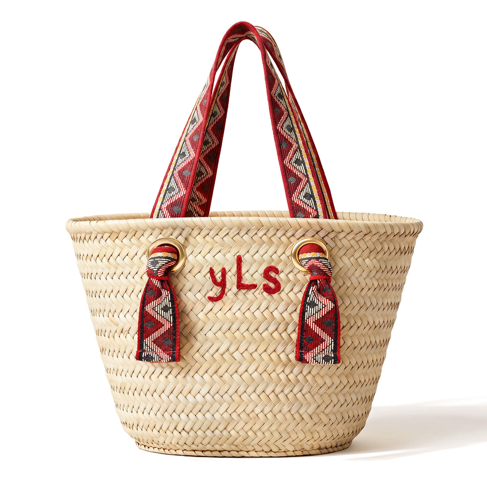 Personalized Moroccan woven straw beach tote with red Amazigh patterned handles and custom initials 1