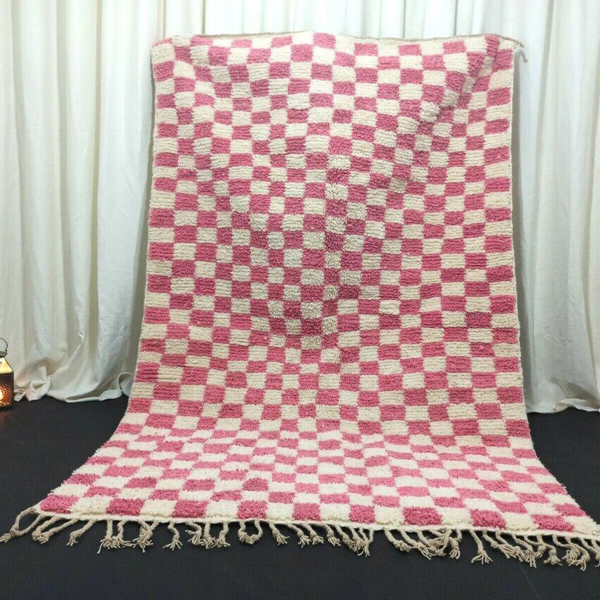 Moroccan Berber Rug – Pink & White Checkered Wool Rug